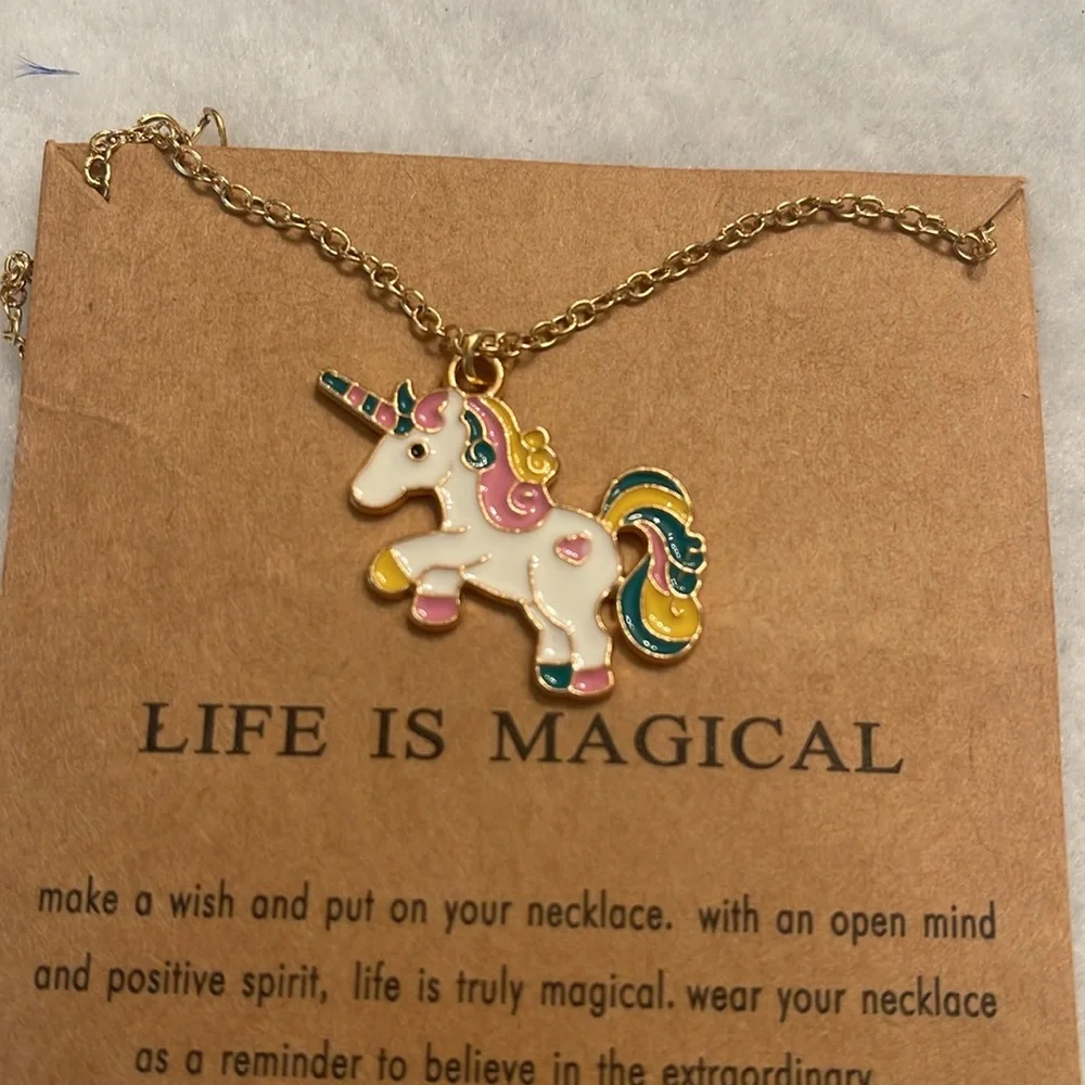 Colorful Magical Unicorn Pendant Necklace nwt with extender, gold tone